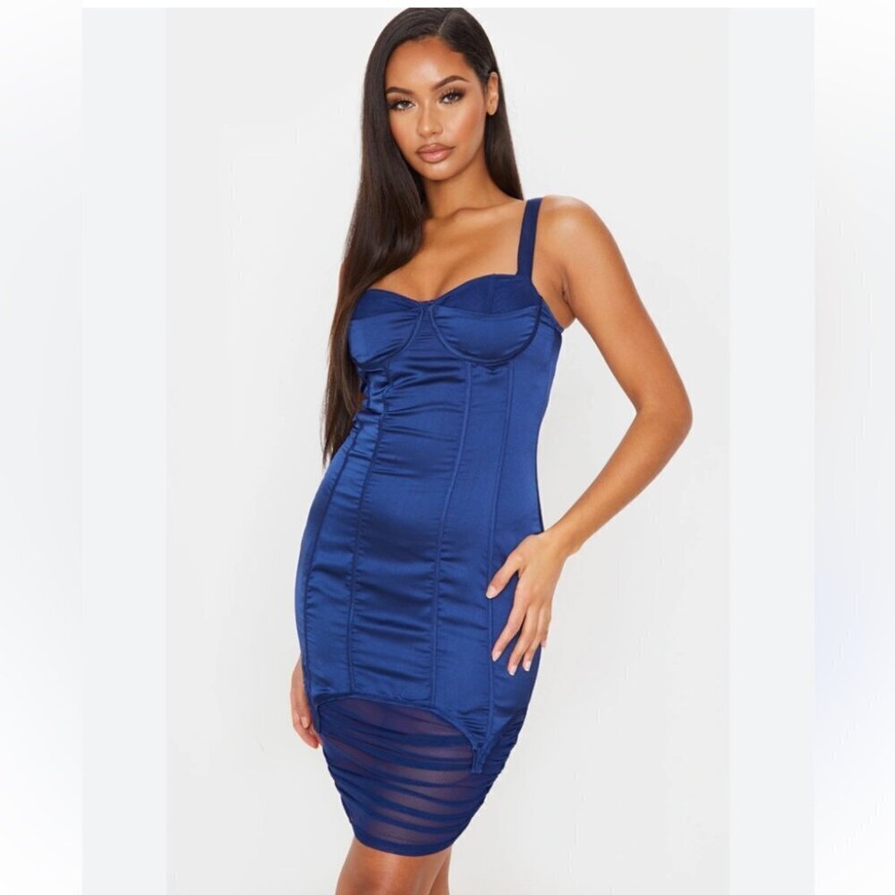 ** Pretttlittlething Midnight Blue Satin Corset Mesh Insert Ruched Dress Size 6